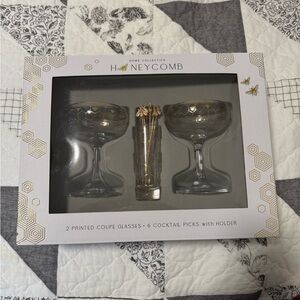 Williams Sonoma coupe glasses, cocktail picks, and holder